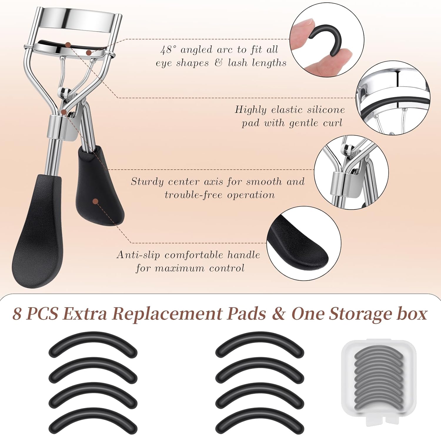 docolor Eyelash Curler with Eyelash Comb, Lash Curler with 8 Pcs Silicone Refill Pads Suitable for All Eye Shapes Curl up to one Day Easy to Operate No Pinching or Pulling Eyelash Eye Makeup Tool-FemmiqueWomen