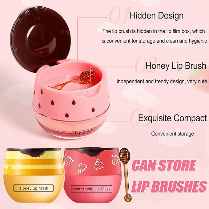 3 PCS Bee Lip Mask Honey Pot Lip Balm,Strawberry Watermelon Lip Mask Overnight Hydrating Dry and Crack Lip Scrubs Exfoliator Propolis Lip Sleeping Mask (Strawberry & Watermelon & Honey)-FemmiqueWomen