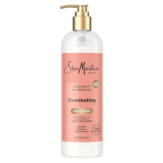 SheaMoisture Illuminating Body Lotion with Coconut Oil, Hibiscus, Niacinamide and Pro-Ceramides, Instantly Enhancing Skin's Natural Glow, 24H Moisturizing 16 oz-FemmiqueWomen