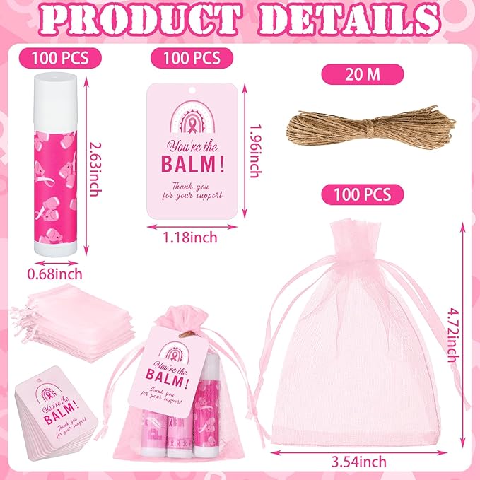 100 Set Pink Ribbon Breast Cancer Awareness Gifts Bulk, 100 Lip Balms, 100 Organza Gift Bags and 100 Tags Perfect for Charity Events, Survivors Awareness Campaigns-FemmiqueWomen