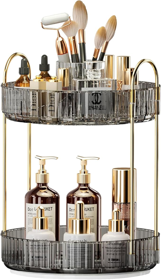 360° Rotating Makeup Organizer, Large-Capacity Skincare Make Up Storage 2 Tier Perfume Organizers Cosmetic Dresser Organizer with Makeup Brush Holder, Fits Bedroom, Bathroom, Vanity Shelf Countertop-FemmiqueWomen