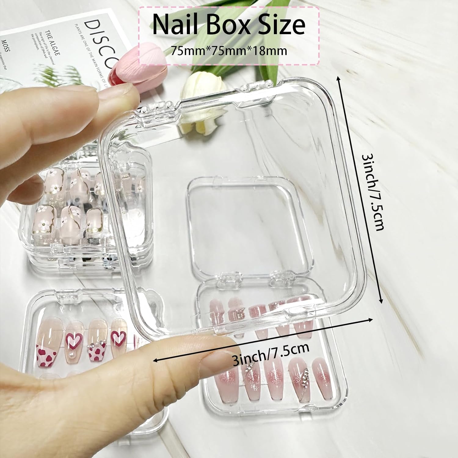 12pcs Press on Nail Storage Box with 60 Pcs Adhesive Double Sided Tape Acrylic Nail Display Box Artificial False Nail Box Organizer Fake Nail Case Transparent Nail Packaging Boxes for Nail Salon-FemmiqueWomen