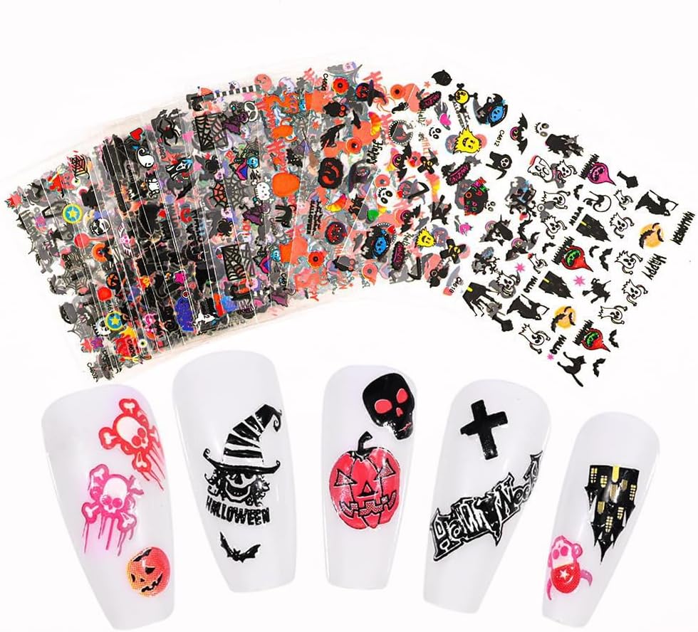 30 Sheets Halloween Nail Stickers Pumpkin Ghost Face Nail Charms Decals 3D Self Adhesive Spider Web Cat Bat Manicure Art Sticker for Acrylic Nails DIY Decorations-FemmiqueWomen