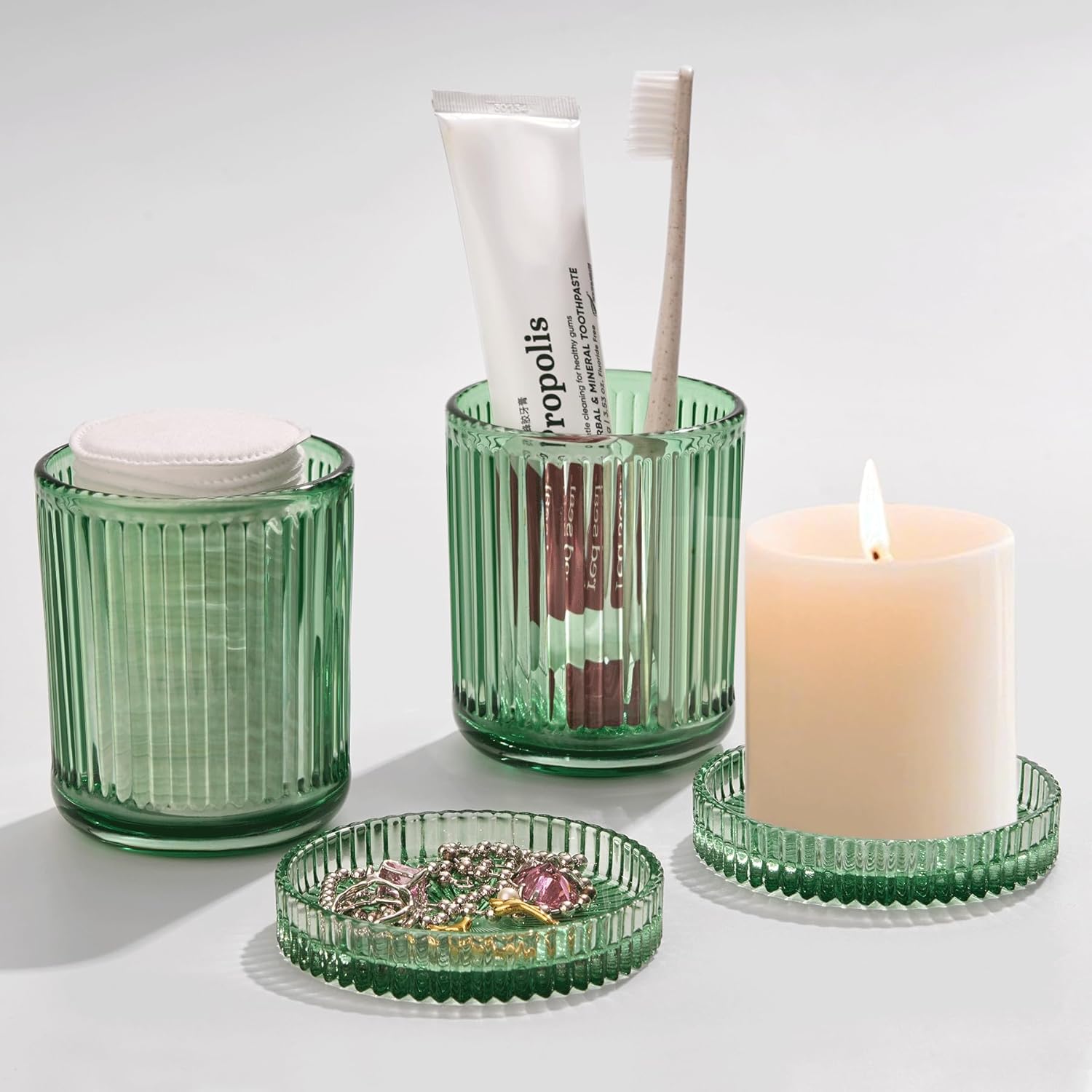 2 Pack Qtip Holders for Bathroom, Clear Glass Apothecary Jars with Lids,Vintage Bathroom Canisters for Cotton Balls,Swabs,Floss Picks,Hair Ties,Vanity Organizer and Storage Decor (Green)-FemmiqueWomen