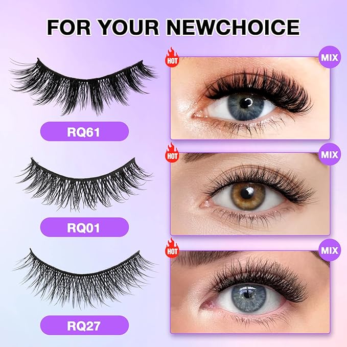 Wispy False Eyelashes Kit With Bond, Seal and Tweezer, 7 Pairs Natural Look Fake Cat Eye Lashes Strips Thin Band Extensions Waterproof Easy Eyelashes for Beginners RQ7Variety Mix-FemmiqueWomen