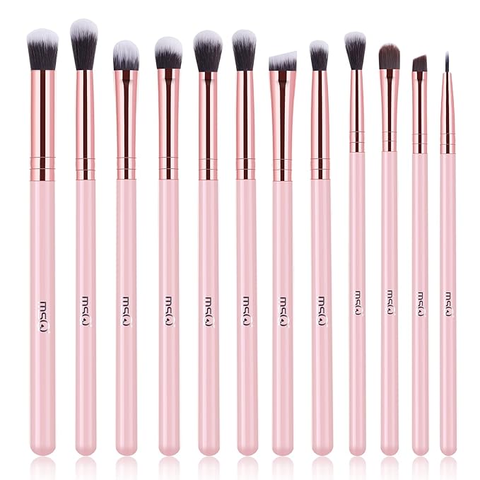 MSQ Eye Makeup Brushes Set with Soft Synthetic Hairs & Real Wood Handle for Eyeshadow, Eyebrow, Eyeliner, Blending (Pink), 12pcs-FemmiqueWomen