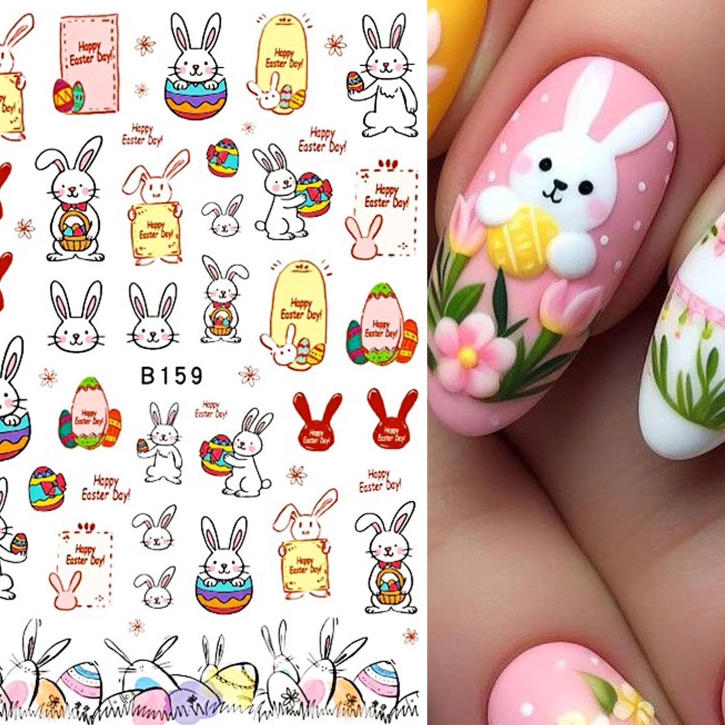 12 Sheets Easter Nail Art Stickers 3D Self Adhesive Cute Bunny Nail Stickers for Nail Art Colorful Egg Nail Decals Easter Nail Supplies for Women Girls-FemmiqueWomen
