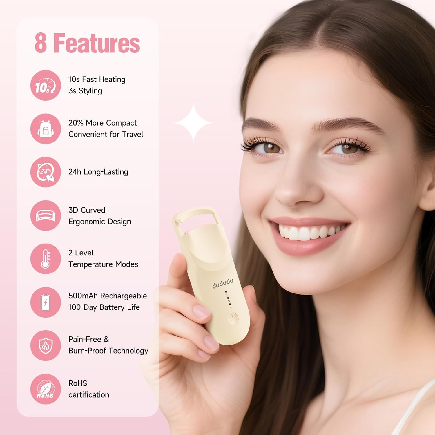 DUDUDU Heated Eyelash Curler, Portable Travel-Size Mini Electric Heated Lash Curler - 2-Level Adjustable Temp & Type-C Recharge, 10S Heat 3S Style 24H Lift for Long-Lasting Natural Effortless Curves-FemmiqueWomen