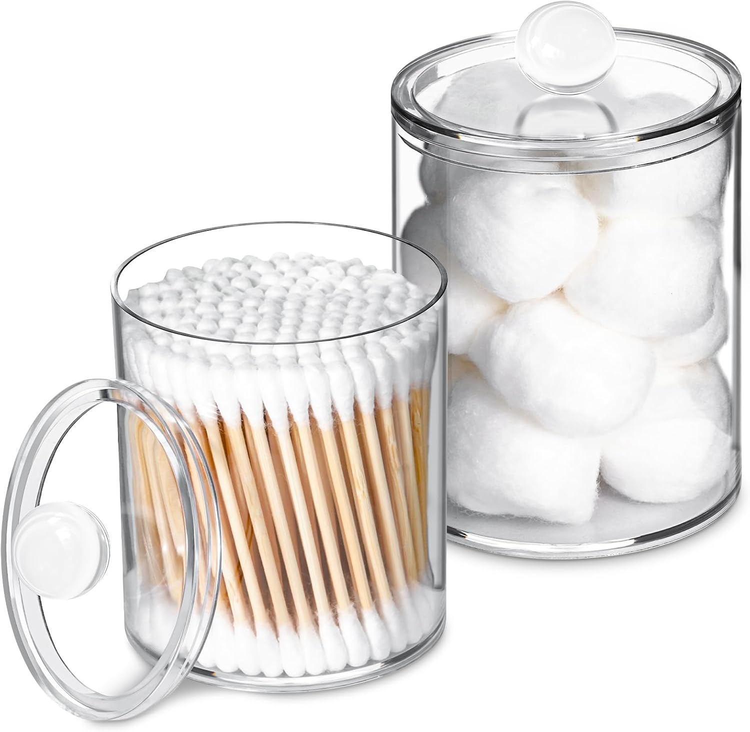 2 Pack Qtip Holder,Canister Apothecary Jar Set, Bathroom Jars with Lids Set for Cotton Swabs, Balls, Pads, Floss Picks,10oz-12oz Plastic Canisters Restroom Bedroom Vanity Organizer(Clear)-FemmiqueWomen