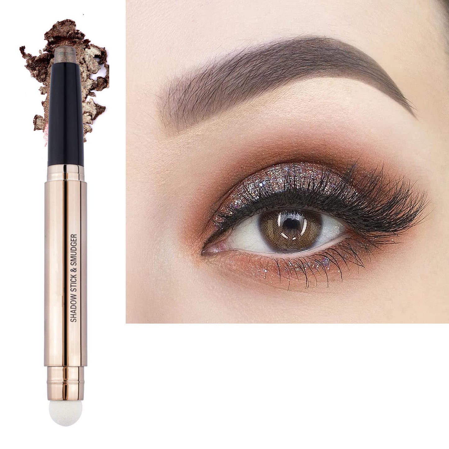 2 in 1 eyeshadow stick and Sponge Makeup Brush Smooth Cream Shimmer Shadow Pencil Long Lasting Eye Waterproof Shadow Stick Makeup Hypoallergenic Highlighter Multi-Dimensional eyes Look-FemmiqueWomen