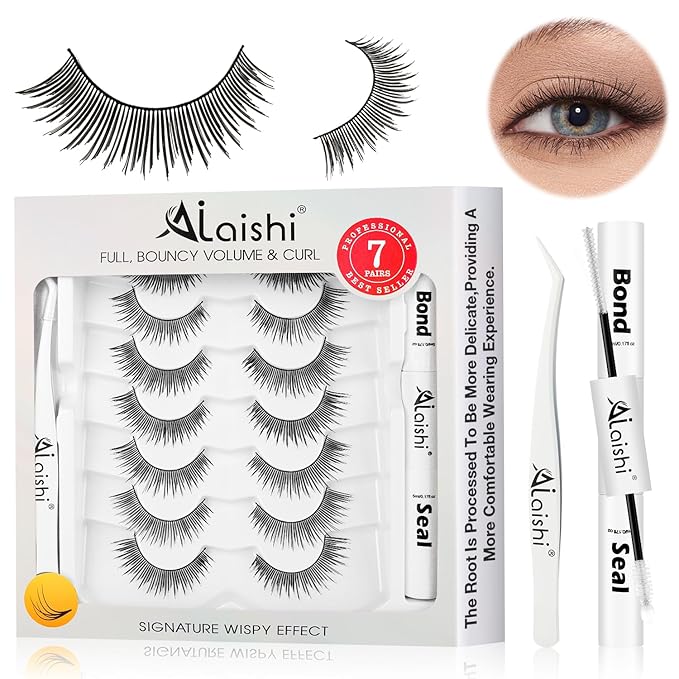 Wispy False Eyelashes Kit With Bond, Seal and Tweezer, 7 Pairs Natural Look Fake Cat Eye Lashes Strips Thin Band Extensions Waterproof Easy Eyelashes for Beginners DF2-FemmiqueWomen