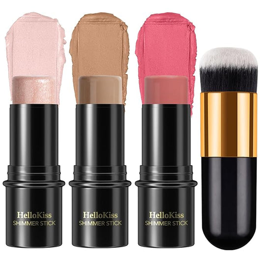 3 Pcs Face Contour Stick Kit, Matte Finish Face Stick Trio with Bronzer Blush Highlighter and Brush, Long Lasting Waterproof Cream Beauty Wand Makeup Set for Sculpt Glowing Face Look (#3, 9, 12)-FemmiqueWomen
