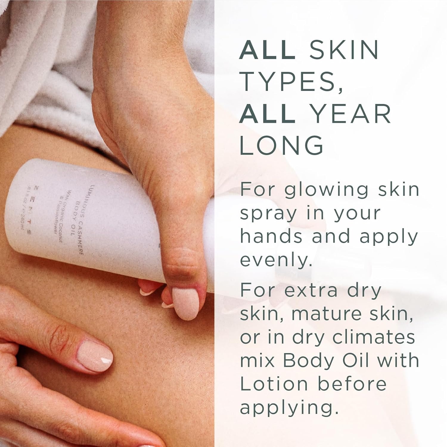 Zents Luminous Cashmere Body Oil (Water Fragrance) | Moisturizing Body Oil with Vitamin E & Organic Coconut Oil | Softens & Smooths Skin | 8 fl oz-FemmiqueWomen