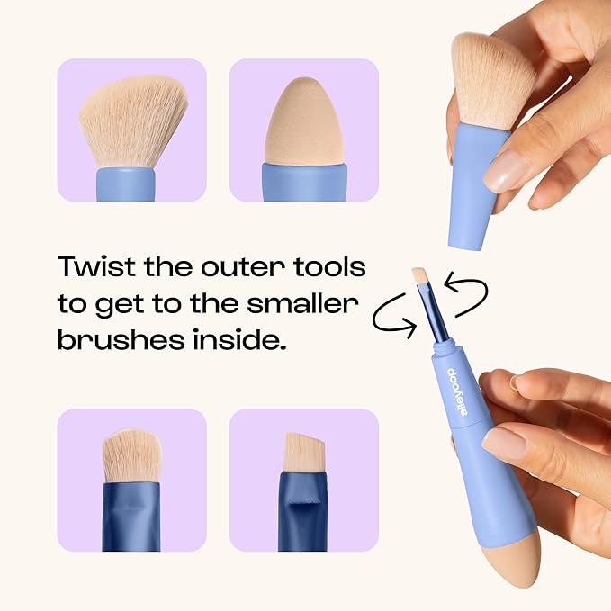 Alleyoop Multi-Tasker 4-in-1 Travel Makeup Brush Set – Compact Makeup Brushes with Blending Sponge, Eyeshadow, Eyebrow & Liner, Blush & Bronzer Brush – Mini Makeup Tools Kit for Women, Vegan-FemmiqueWomen