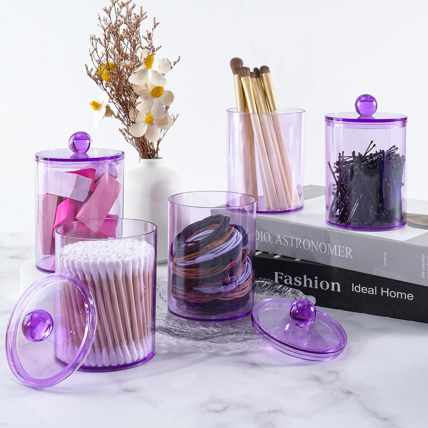 2 Pack Qtip Holder,Canister Apothecary Jar Set, Bathroom Jars with Lids Set for Cotton Swabs, Balls, Pads, Floss Picks,10oz-12oz Plastic Canisters Restroom Bedroom Vanity Organizer(Purple)-FemmiqueWomen