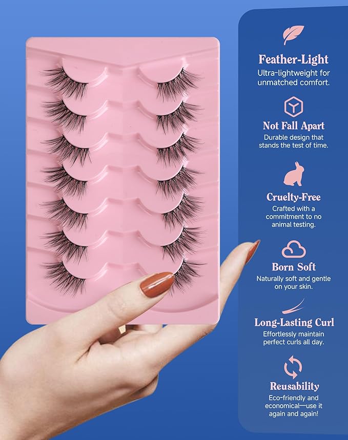 Half Lashes Natural Eyelashes 3/4 Wispy Lashes Natural Look Cat Eyelash False Corner Lash Long Strip Fluffy Pack 7 Pairs 16MM D18-FemmiqueWomen