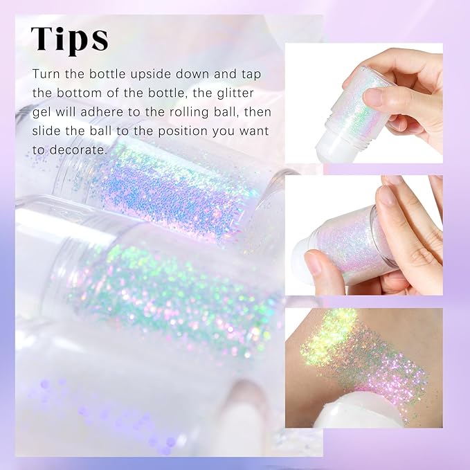 2 Colors Roll-on Body Glitter Gel, Holographic Glitter Gel Under Light for Face Hair, Body Shimmer for Rave Accessories Christmas New Year Halloween Makeup (11+12)-FemmiqueWomen