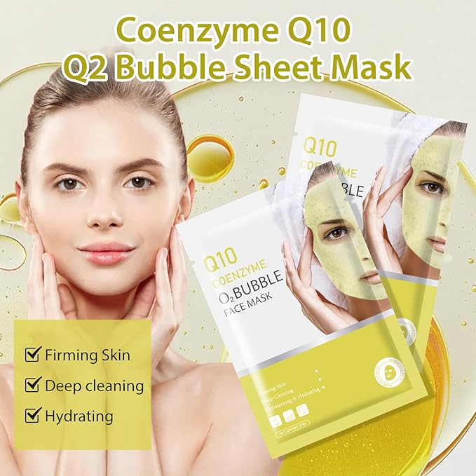 10 Sheets Coenzyme Q10 O2 Bubble Masks for Face, Bubble Face Mask Skincare for All Skin Types, Deep Cleansing Moisturizing Facial Mask Skin Care for Pores, Firming, Purifying, Sheet Masks for Spa-FemmiqueWomen