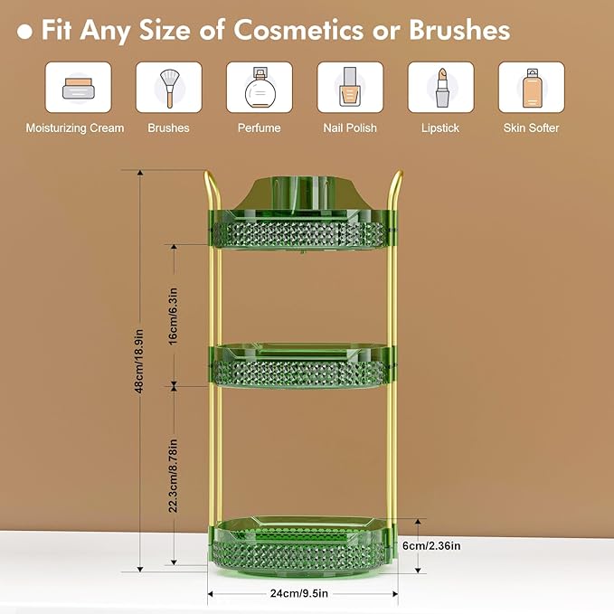 Awenia Rotating Makeup Organizer 360, Stackable Adjustable Large Capacity Cosmetic Storage Unit,Dresser Bathroom Kitchen Countertop Organizer with Metal Handle, Plus Size (Gem Green, 3 Tier)-FemmiqueWomen