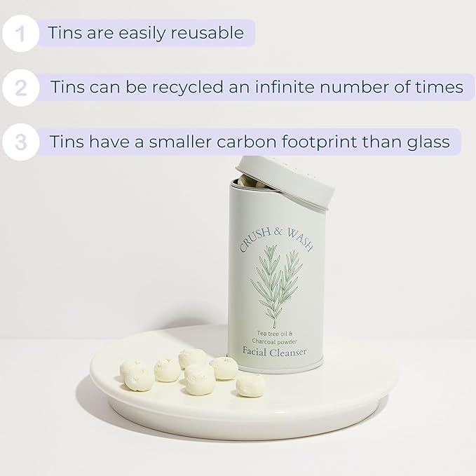 3-in-1 Solid Facial Cleanser, Exfoliator, and Wash-off Mask - Vegan, Cruelty-Free, Plastic-Free, Travel-Friendly, 1 Month Supply (60 Crushable Tablets) in Tin (Calming Beans in Tin)-FemmiqueWomen