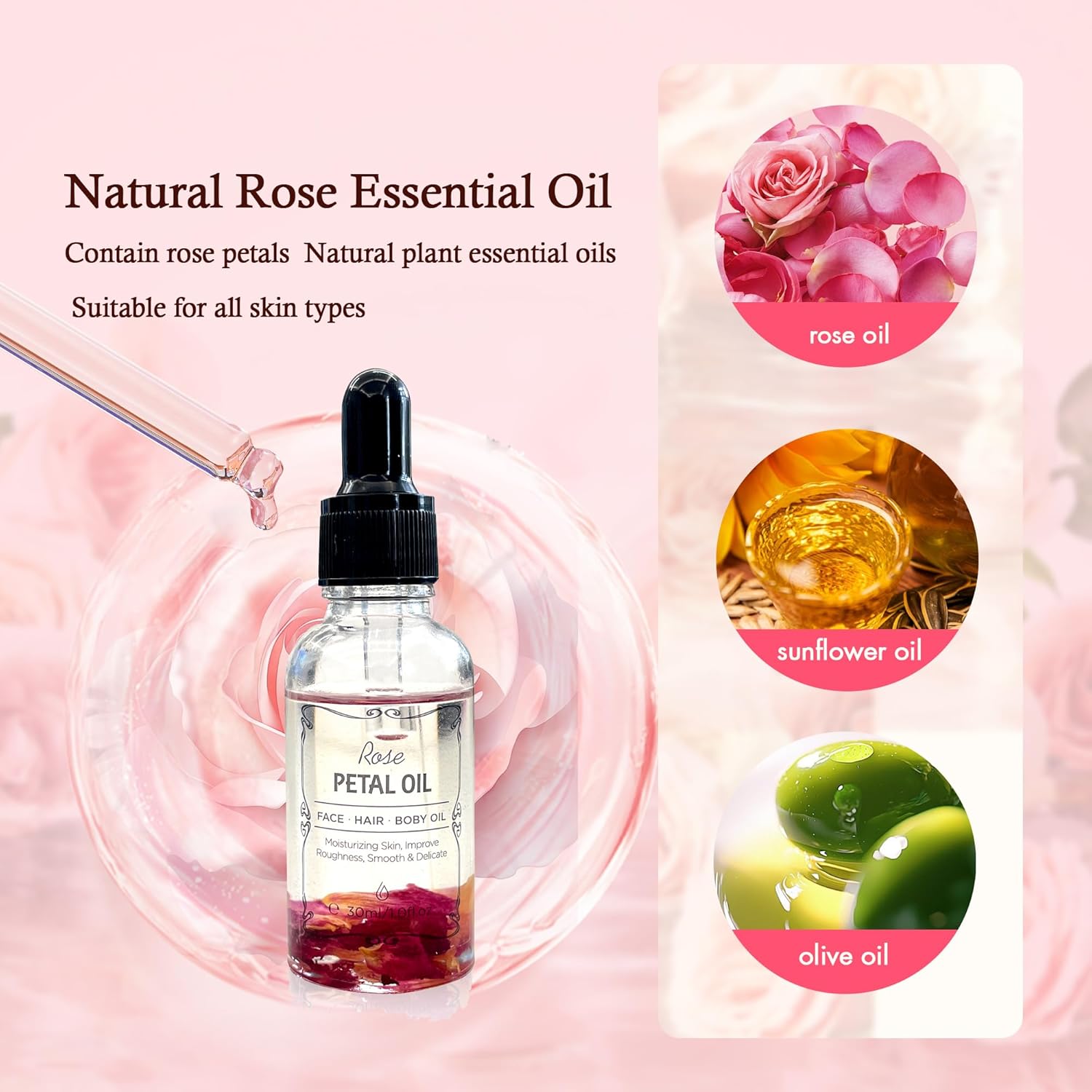 Rose Essential Oil with Flower Petal, Sunflower Seed, Olive Fruit Natural Massage Oils for Nails, Hair, Body, Face Moisturizing Skincare Oil Serum Dry Hair Strengthening Treatment All Types 30ml-FemmiqueWomen