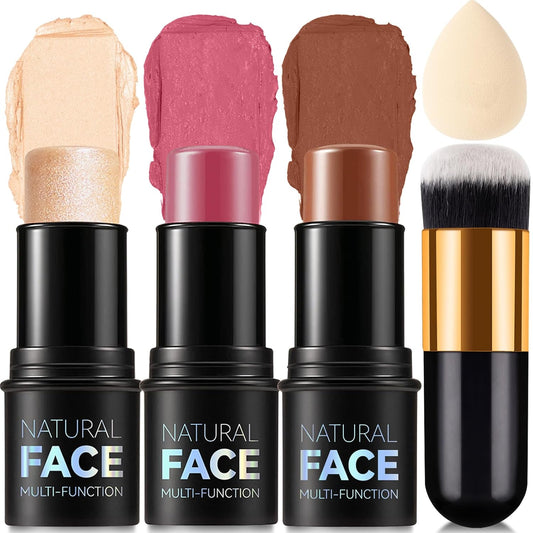 3 Colors Cream Contour Stick, Shades with Highlighter Stick,Blush Stick and Bronzer Contour Stick for Sculpt the Cheeks,Long Lasting,Waterproof,Matte & Dewy Finish for Women (LIGHT FAIR(8+10+12))-FemmiqueWomen