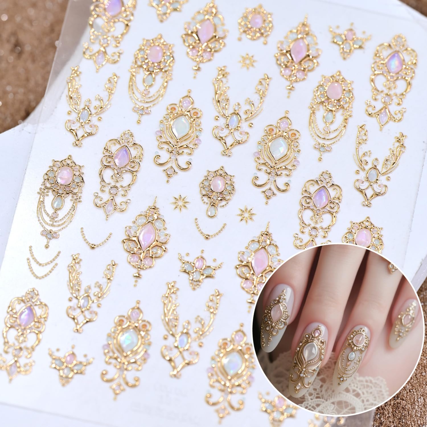 1 Sheets Gold Nail Stickers for Nail Art Holographic Laser Embossed Nail Art Stickers Gems Designs Nail Decals 5D Self-Adhesive Summer Fall Nail Decoration for Women Nail Supplies-FemmiqueWomen
