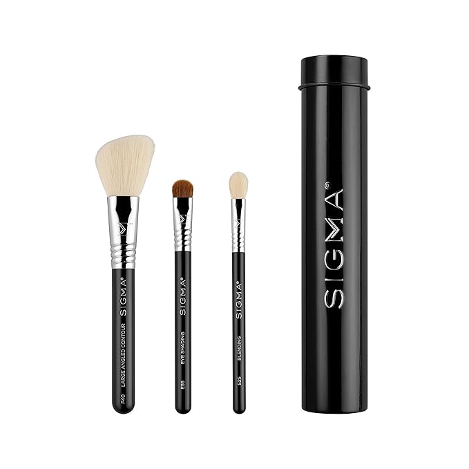 Sigma Beauty Travel Essential Trio - Makeup Brush Set for Foundation Powder Eyeshadow - 3 Tool Brushes with Brush Tin Holder - Skin Safe, Vegan Makeup Brushes for Travel - Black-FemmiqueWomen