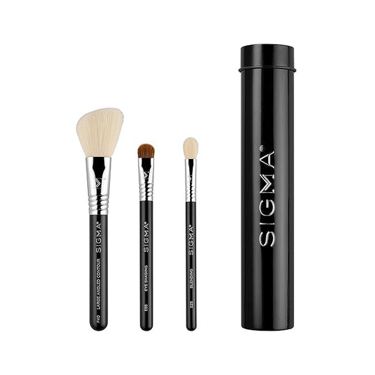 Sigma Beauty Travel Essential Trio - Makeup Brush Set for Foundation Powder Eyeshadow - 3 Tool Brushes with Brush Tin Holder - Skin Safe, Vegan Makeup Brushes for Travel - Black-FemmiqueWomen