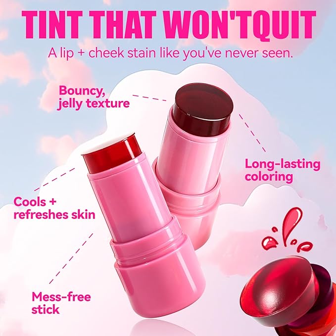 2 Pcs Milk Jelly Blush, Milk Cooling Water Jelly Tint, Vivid Color Water Jelly Tint Milk Blush, Sheer Eye Lip & Cheek Stick Stain, Long Wearing, Watercolor Finish Lip Gloss for Women, 01&02-FemmiqueWomen