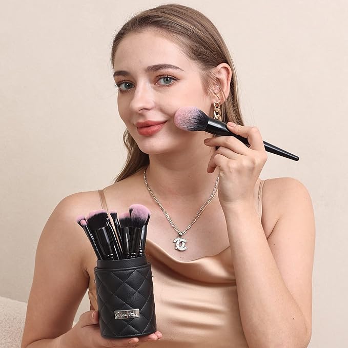 Bueart Design 18Pcs Pro Deluxe Fuchsia Pink Black Makeup Brushes set with Travel Make up Brush Holder case Foundation concealer contour Blush eyeshadow face make up brush set-FemmiqueWomen