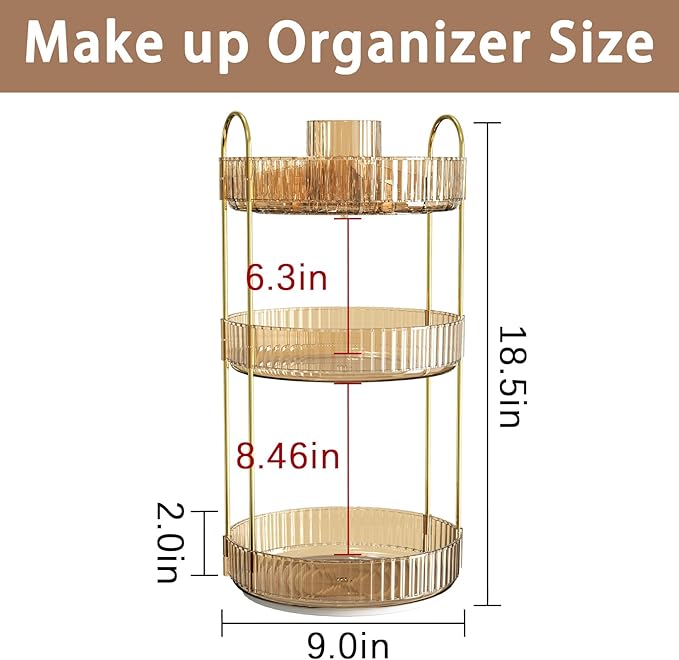 Rotating Makeup Organizer for Vanity, High-Capacity Skincare Clear Make Up Storage Perfume Organizers Cosmetic Dresser Organizer Countertop 360 Spinning (Gold, New-3 Tier)-FemmiqueWomen