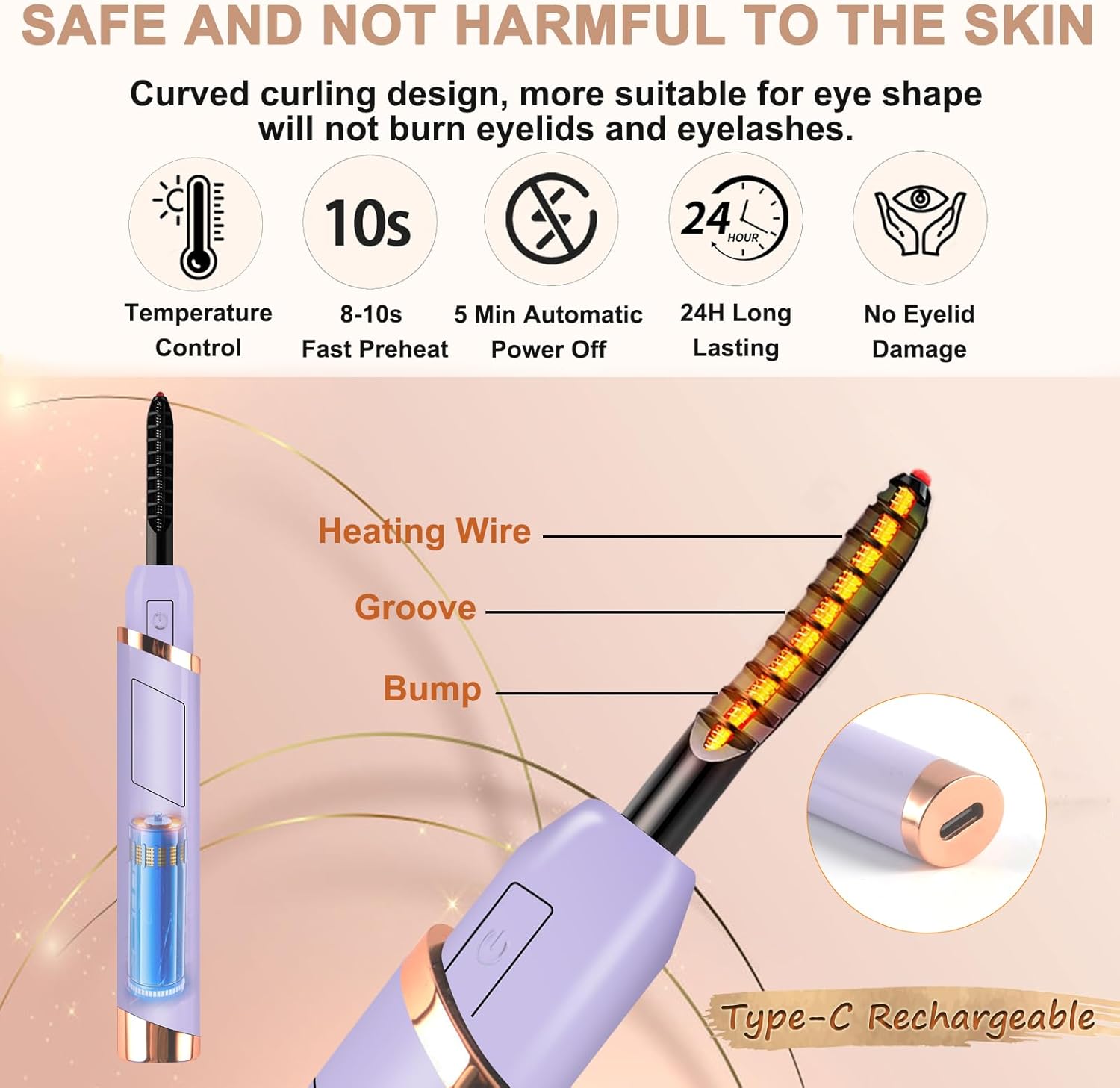 Heated Eyelash Curler, Electric Eyelash Curler, Rechargeable Lash Curler with Eyelash Comb for Makeup Natural Curling Eye Lashes and 24 Hours Long Lasting - Purple 2025 Updated New Model-FemmiqueWomen
