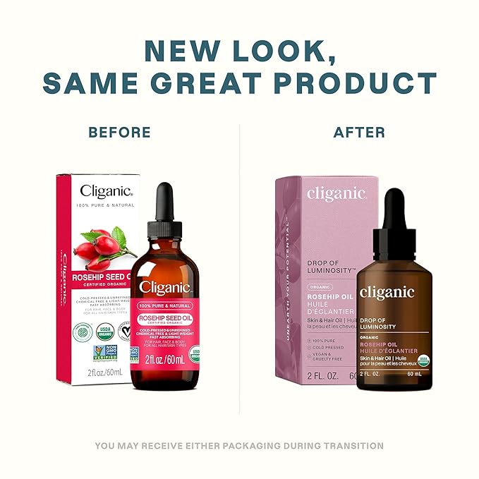Cliganic Organic Rosehip Seed Oil for Face, 100% Pure | Natural Cold Pressed Unrefined Non-GMO | Carrier Oil for Skin, Hair & Nails (Packaging May Vary)-FemmiqueWomen