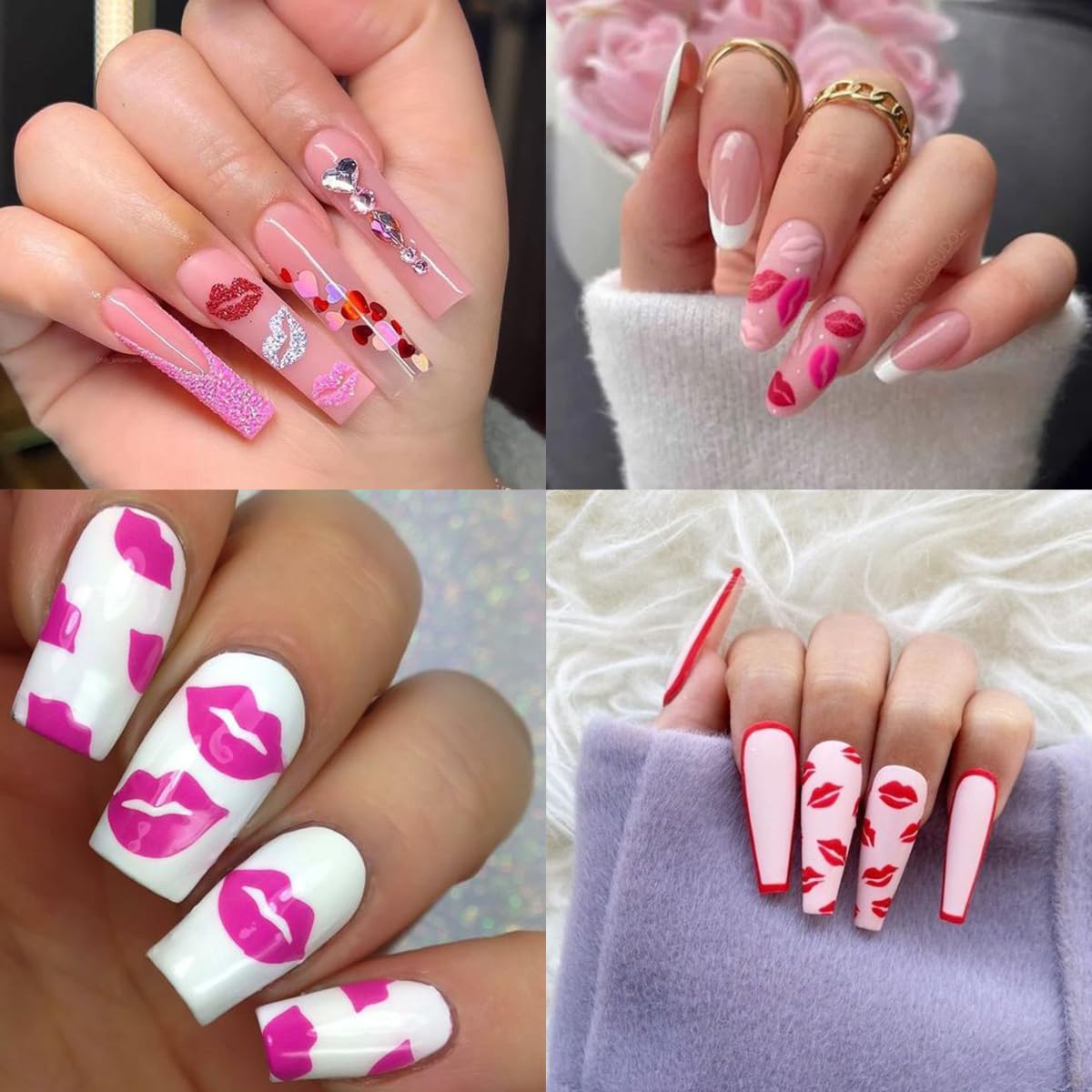 10 Sheets Valentine's Day Nail Art Stickers Sexy Lips Nail Decals 3D Holographic Heart Nail Stickers Self-Adhesive Design Black White Gold Silver Laser Valentines Stickers for Women Nail Decoration-FemmiqueWomen