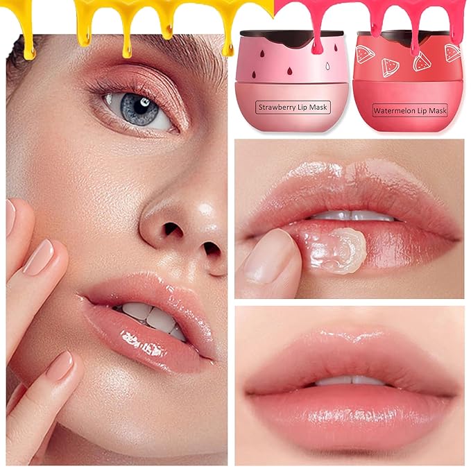 3 PCS Bee Lip Balm Lip Mask Honey Pot,Honey & Strawberry & Watermelon Lip Sleeping Mask,Moisturizing Lip Mask Overnight Prevention Dry and Cracked Lip Scrubs Exfoliator Lip Care-FemmiqueWomen