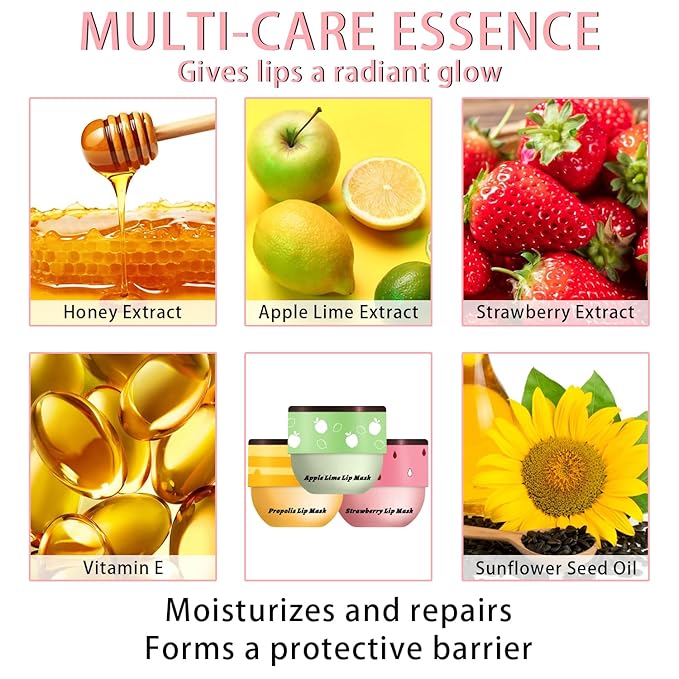 3 Pcs Bee Lip Balm Honey Pot, Honey Strawberry Apple Lip Mask Overnight, Moisturizing Lip Sleeping Mask, Hydrate Repair Prevent Dry Cracked Lip Exfoliator Lip Care (Honey+Strawberry+Apple Lime)-FemmiqueWomen