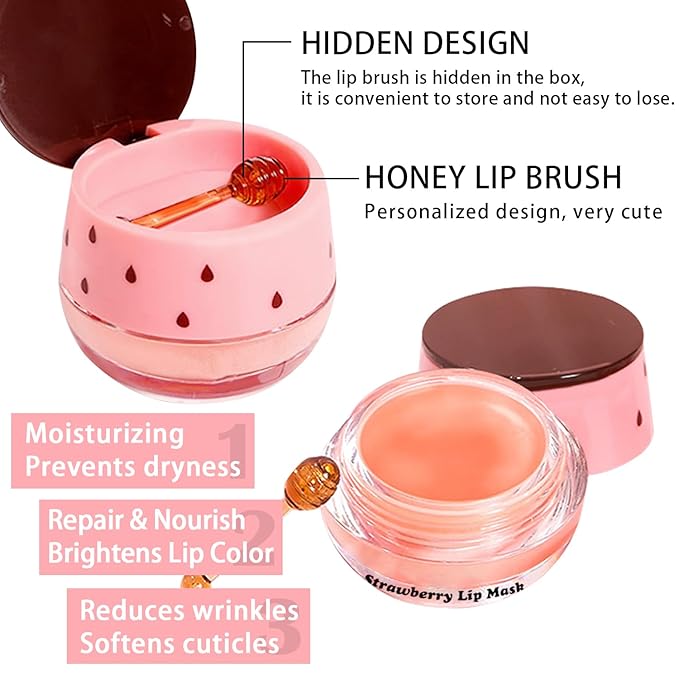 3 PCS Bee Lip Balm Honey Pot, Honey & Strawberry & Watermelon Lip Mask Overnight Propolis Moisturizing Lip Balm Hydrating Prevention Dry and Crack Lip Scrubs Exfoliator Lip Wrinkle Care (Set B)-FemmiqueWomen