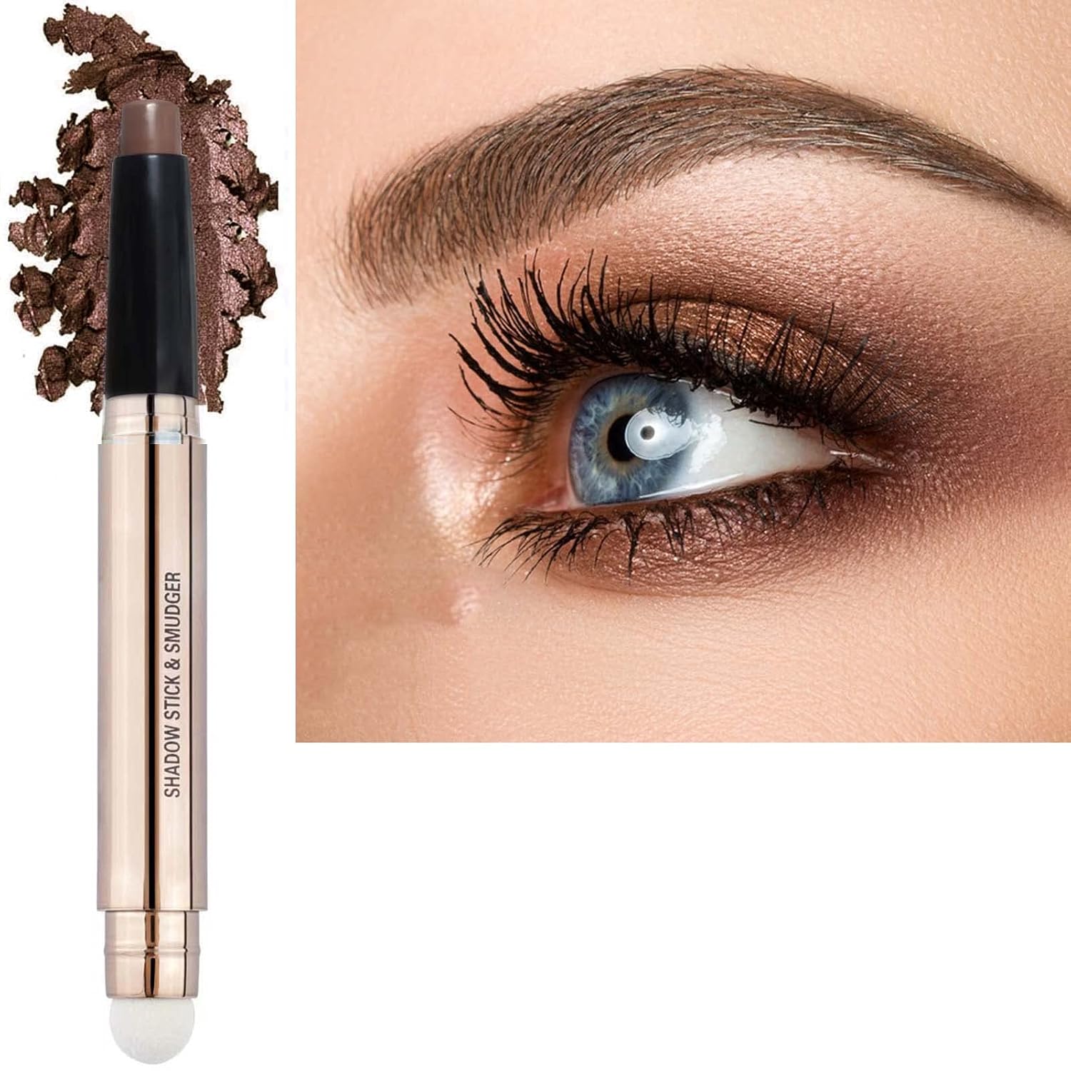 2 in 1 brown Eyeshadow stick and Sponge Makeup Brush, Smooth Cream Shimmer Shadow Pencil Long Lasting Waterproof Eye Shadow Highlighter Stick Makeup , Hypoallergenic Eyeshadow, Highlighter Eye Liner-FemmiqueWomen