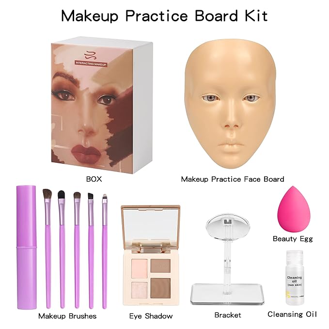 Makeup Practice Mannequin Face, 5d Reusable Silicone Makeup Practice Board Full Face with Makeup Brushes Sponge Set and Eyeshadow Board Makeup Kit for Makeup Artist, Girl's Gift Or Professionals-FemmiqueWomen