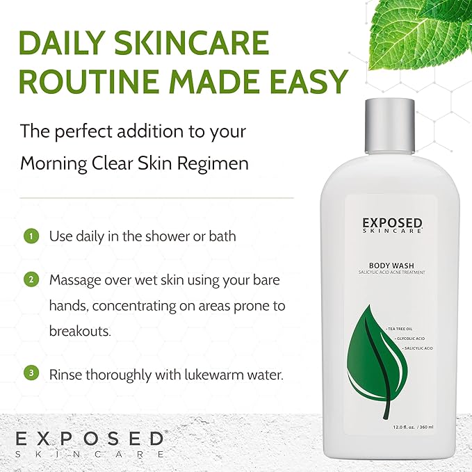 Exposed Skin Care Body Wash - Back and Body Acne Wash with Salicylic Acid and Tea Tree Oil – Exfoliating Bacne Treatment for Clearer, Healthier Skin – Body Cleanser for All Skin Types (12 fl oz)-FemmiqueWomen