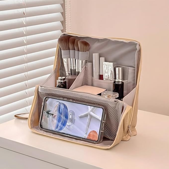 Makeup Bag,Standing Makeup Bag – Portable,Large Capacity Multi-purpose Large Capacity Oxford Cloth Standing Makeupbag Portable, Aterproof,Compartments and Handle (Black)