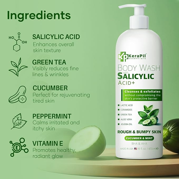 Exfoliating Body Wash with Salicylic Acid - No Dry Out, Gentle Exfoliates Rough and Bumpy Skin, Body Acne Wash, BHA & AHA - Cucumber and Mint Salicylic Acid Body Wash - (16 fl oz)-FemmiqueWomen
