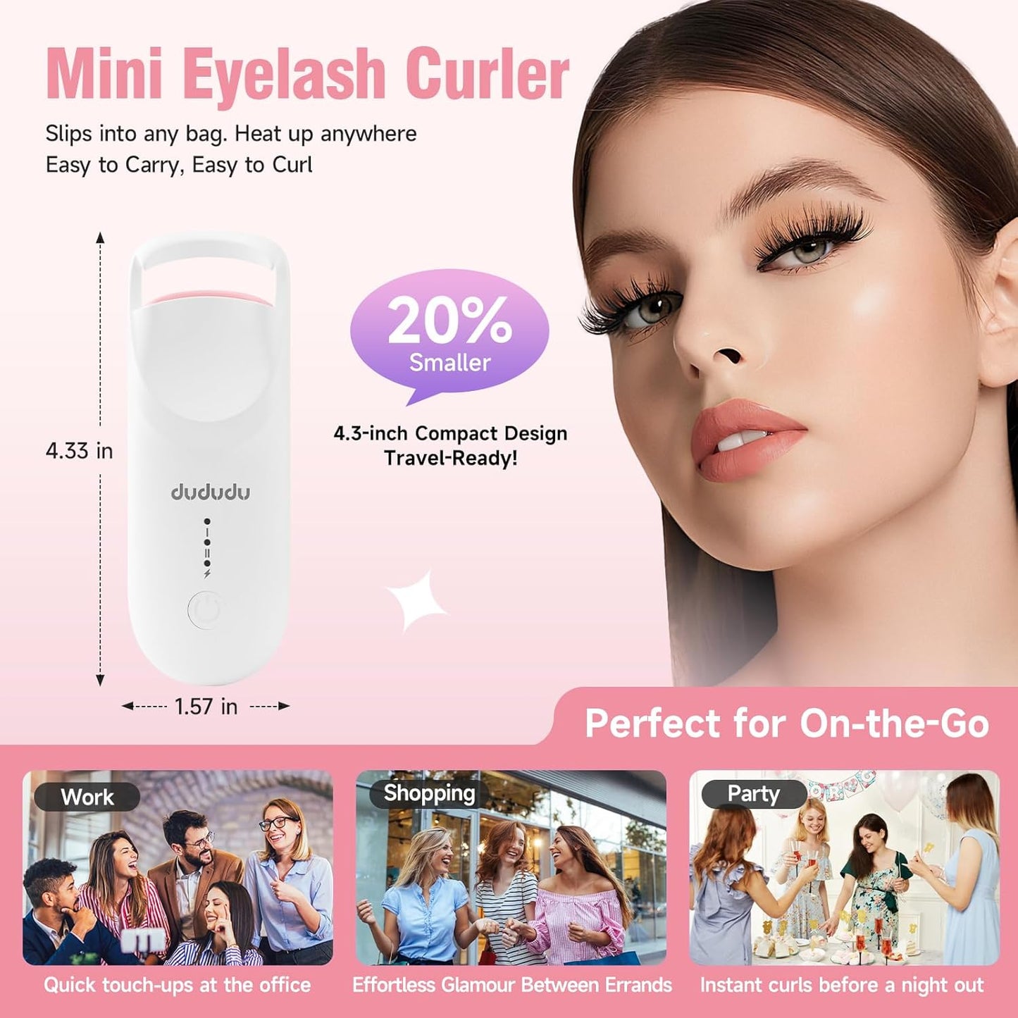 DUDUDU Heated Eyelash Curler, Portable Travel-Size Mini Electric Heated Lash Curler - 2-Level Adjustable Temp & Type-C Recharge, 10S Heat 3S Style 24H Lift for Long-Lasting Natural Effortless Curves-FemmiqueWomen