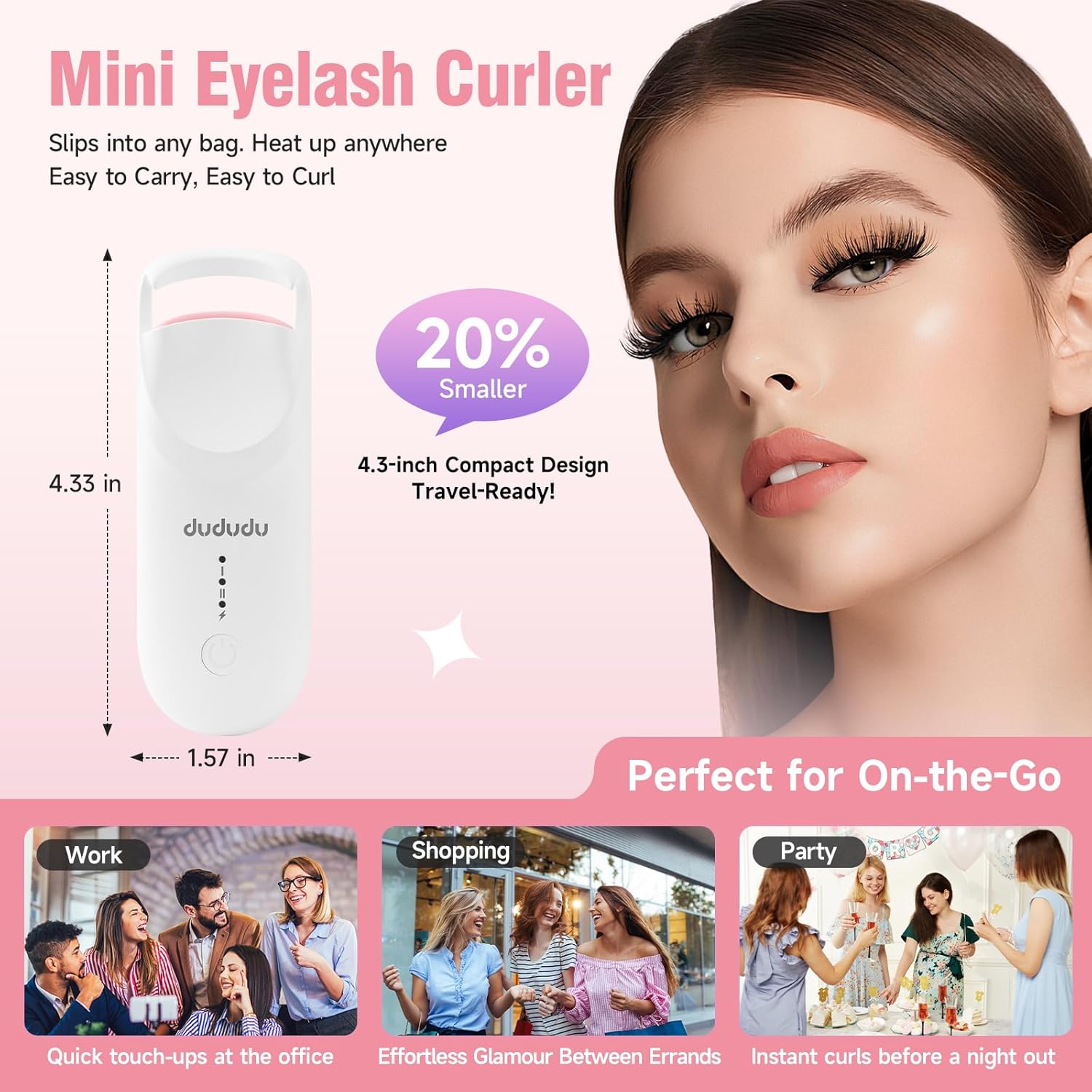 DUDUDU Heated Eyelash Curler, Portable Travel-Size Mini Electric Heated Lash Curler - 2-Level Adjustable Temp & Type-C Recharge, 10S Heat 3S Style 24H Lift for Long-Lasting Natural Effortless Curves-FemmiqueWomen