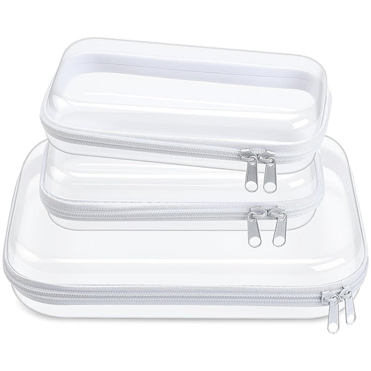 Hoolerry 3 Pcs Clear Hard Zipper Case Plastic Pouch Transparent Hard Case Clear Makeup Bag Portable Travel Organizer Bin for Cosmetics, Building Blocks, Puzzles(White,Mss)-FemmiqueWomen
