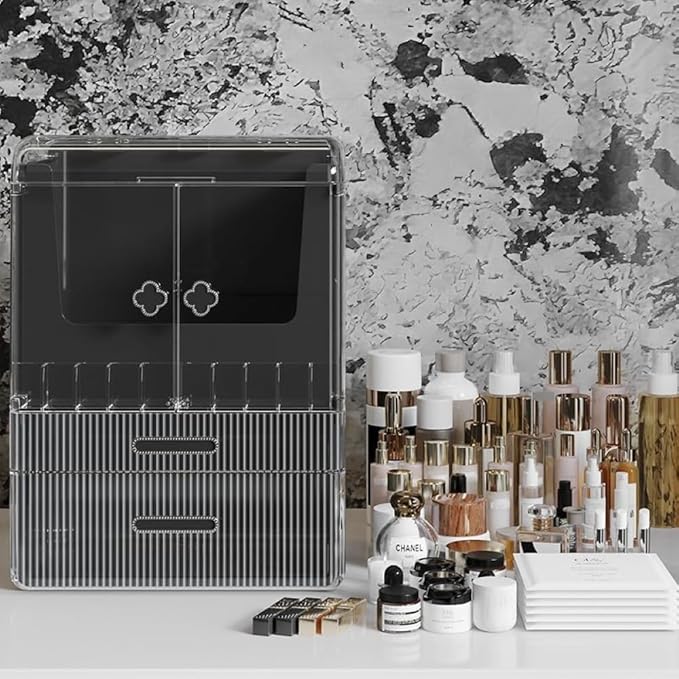 Acrylic Makeup Organizer with Drawers – 38.5CM Large Capacity Cosmetic Storage Box, Dustproof & Waterproof Vanity Organizer for Skincare, Jewelry, Lipsticks & Beauty Products (Black)-FemmiqueWomen