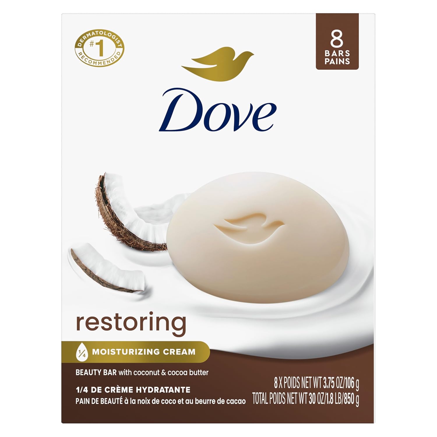 Dove Beauty Bar Soap Restoring Coconut & Cocoa Butter, 8 Bars for Restored Skin, Nourishes Skin 3.75 oz-FemmiqueWomen