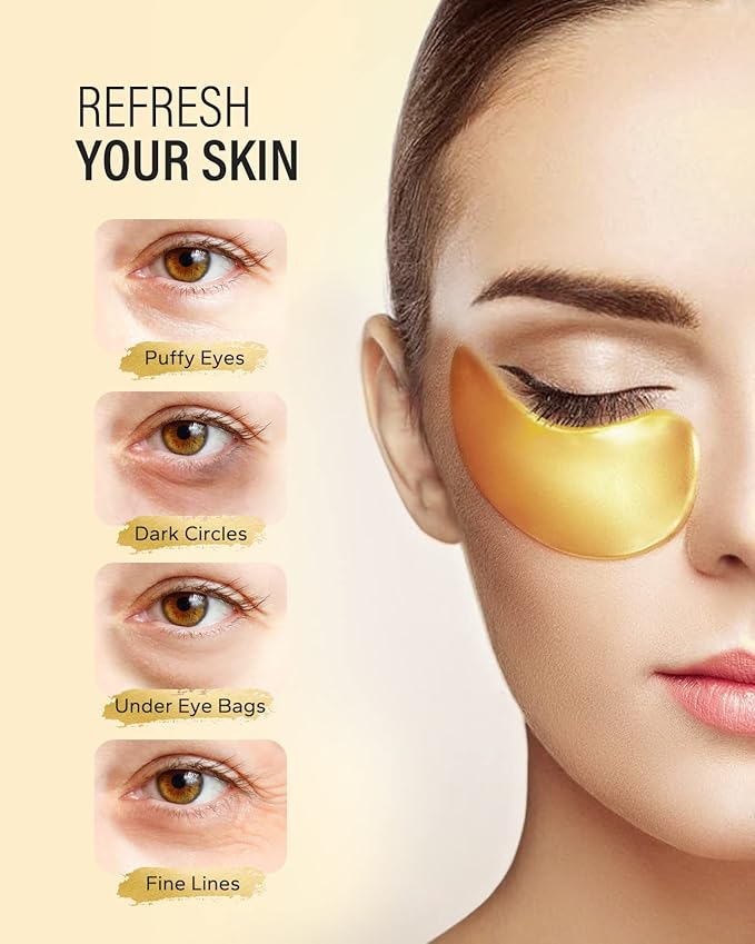 24k Gold Under Eye Patches (30 Pairs), eye mask, Collagen Skin Care Products, Eye Patches for Puffy Eyes, eye masks for dark circles and puffiness-FemmiqueWomen