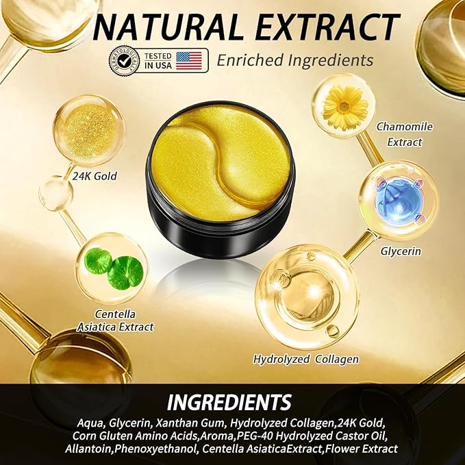 24k Gold Under Eye Patches - 60 Pcs Eye Mask Pure Gold Anti-Aging Collagen Hyaluronic Acid Under Eye Mask for Dark Circles, Puffiness & Wrinkles Refresh Your Skin-FemmiqueWomen